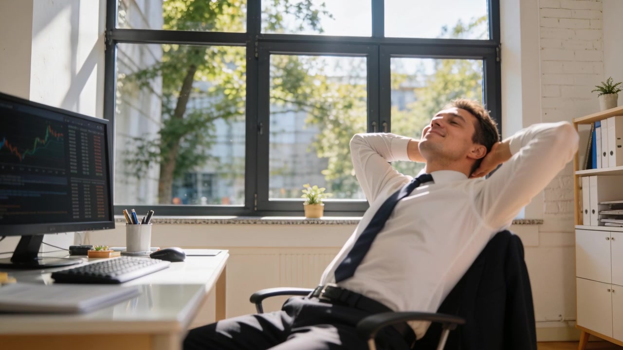 Impiegato in camicia bianca e cravatta che si rilassa alla scrivania dopo aver visto i guadagni sul monitor, con spazio per il testo.