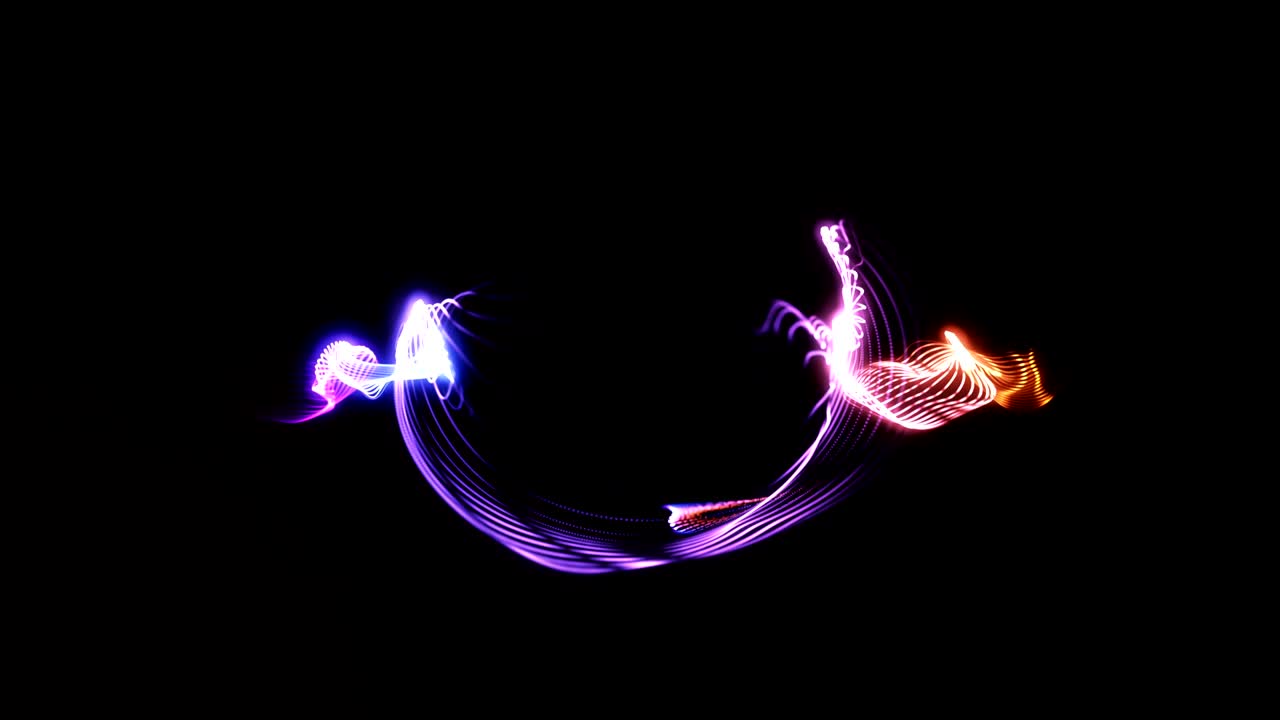 추상적인 입자들은 선과 표면과 격자를 형성합니다. 보라색 오렌지색 배경 조명은 추상적인 을 형성합니다.