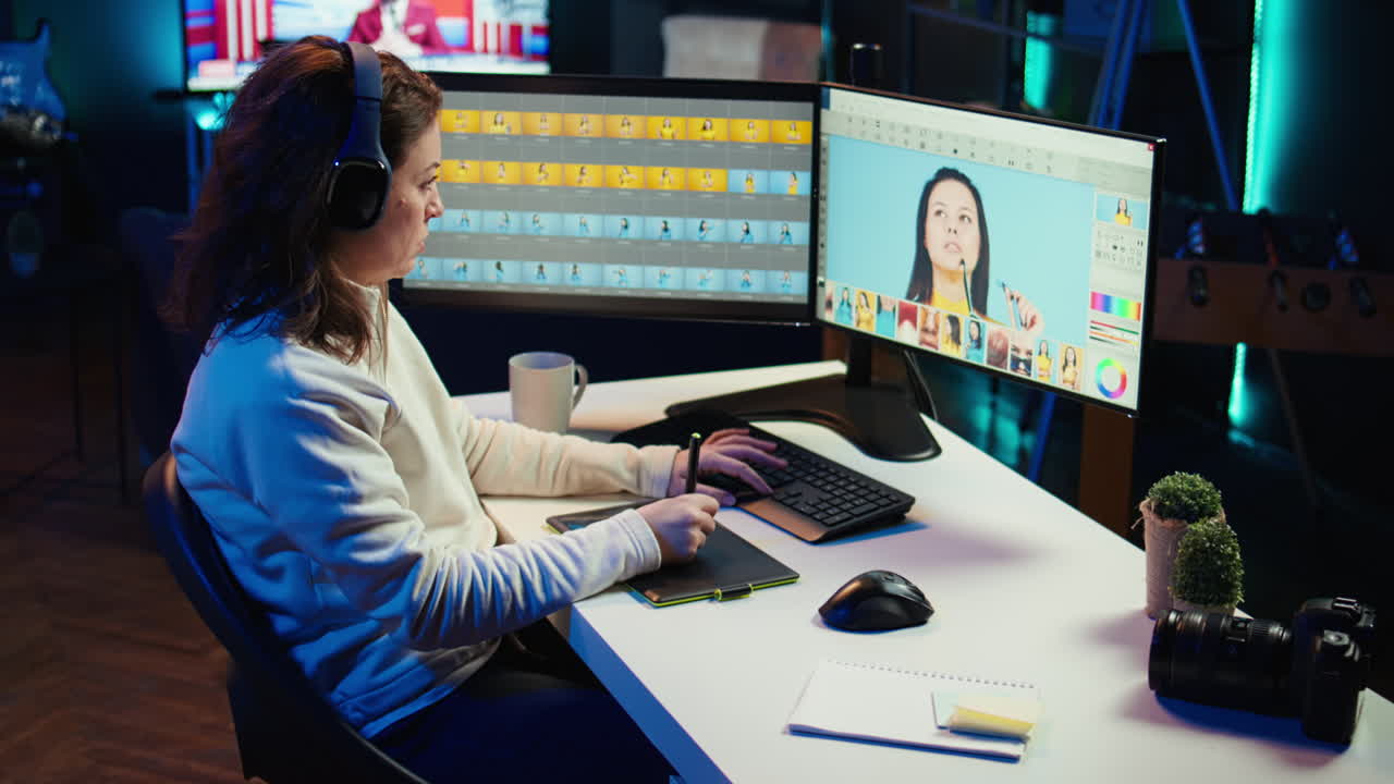 freelancer con auriculares de audio, usando una tableta gráfica para editar imágenes