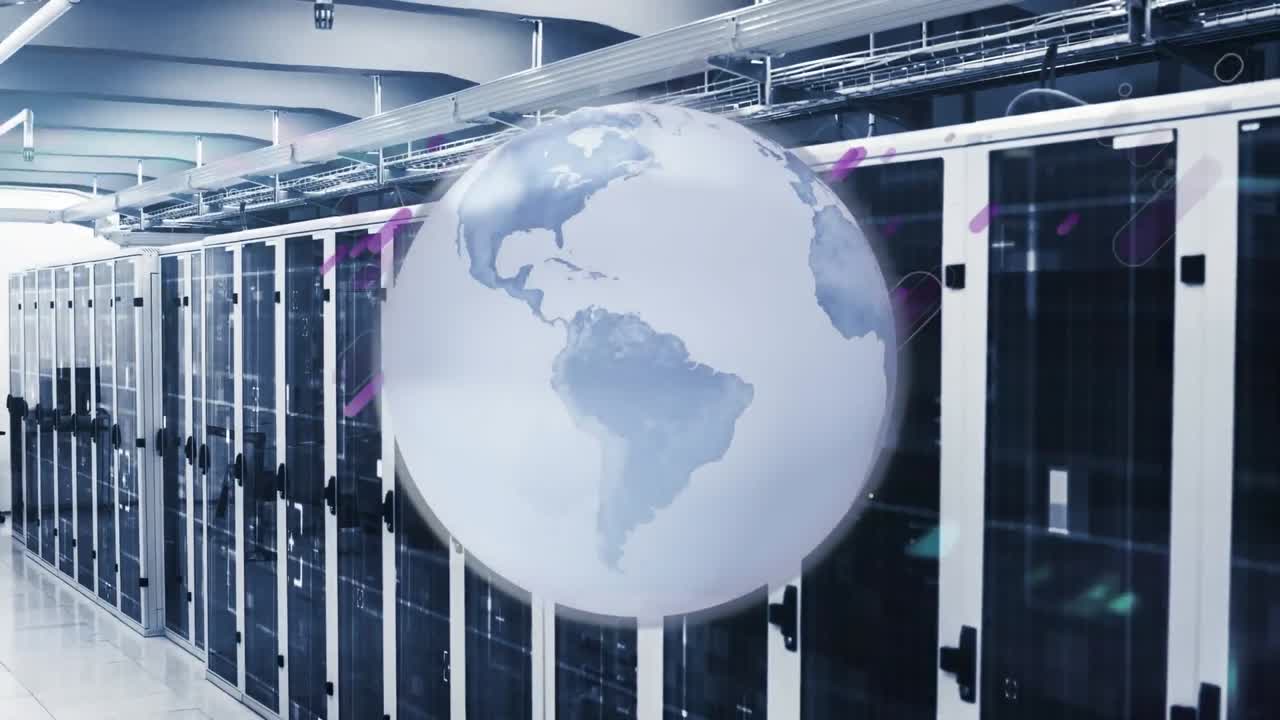 animación de senderos de luz globo y púrpura sobre servidores de computadoras