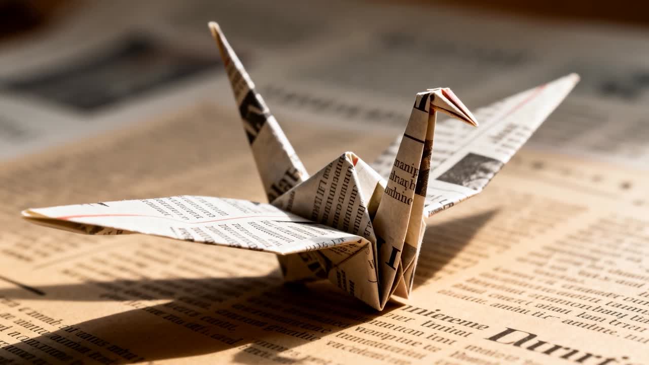 Spostamento della messa a fuoco e luce calda che rivela una gru origami che solleva l'ala sinistra su un tavolo, carta di giornale