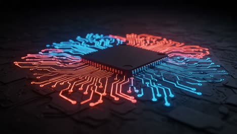 a close-up view of a central processing unit surrounded by vibrant blue and red circuit traces, highlighting the intricate design and technology in the field of computing