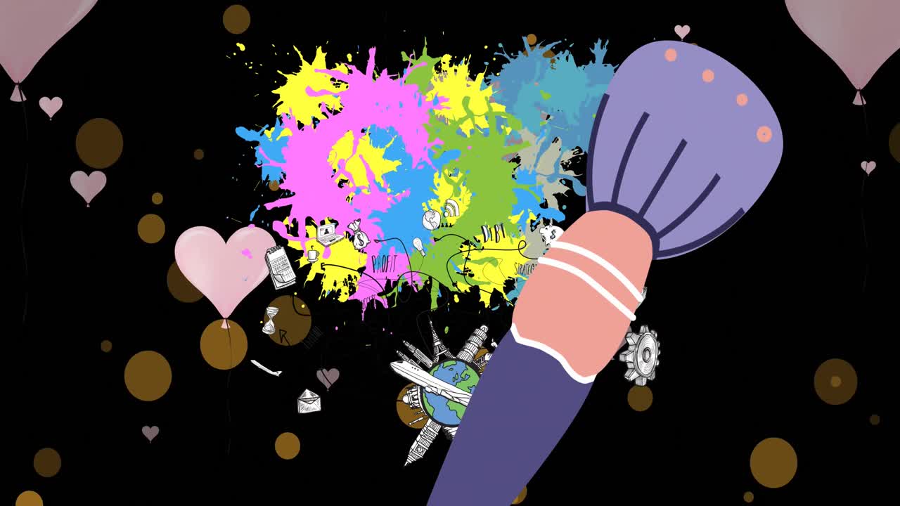 검은색 배경 위에 페인트 브러시와 페인트 스플래치의 애니메이션