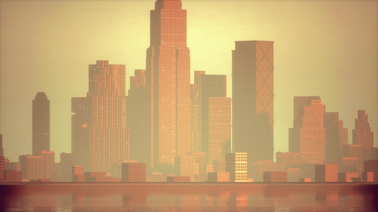 Paisaje urbano al atardecer con edificios altos y reflejo en el agua
