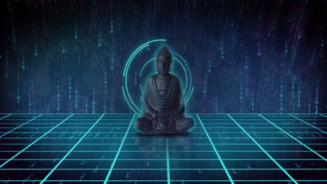 animación de buda con escaneo de alcance y codificación binaria en fondo negro