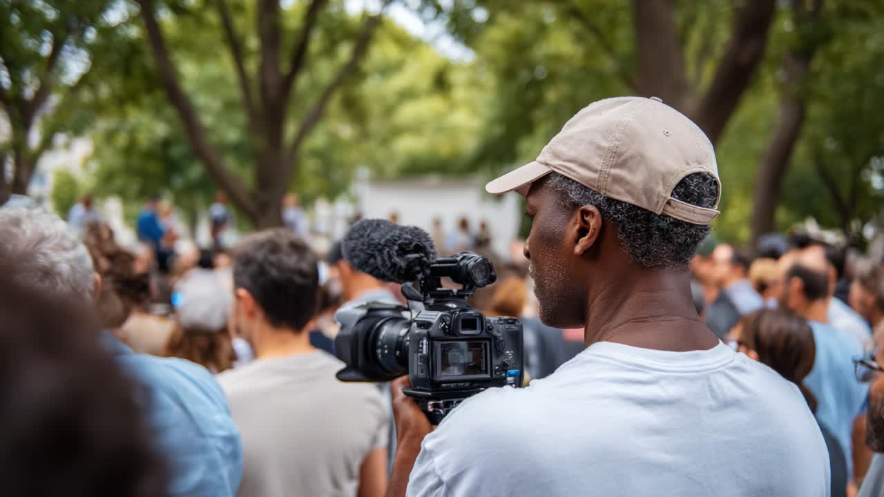 Un cameraman riprende una folla di persone riunite in un parco durante un evento all'aperto, mostrando la vivace atmosfera di coinvolgimento e interazione della community