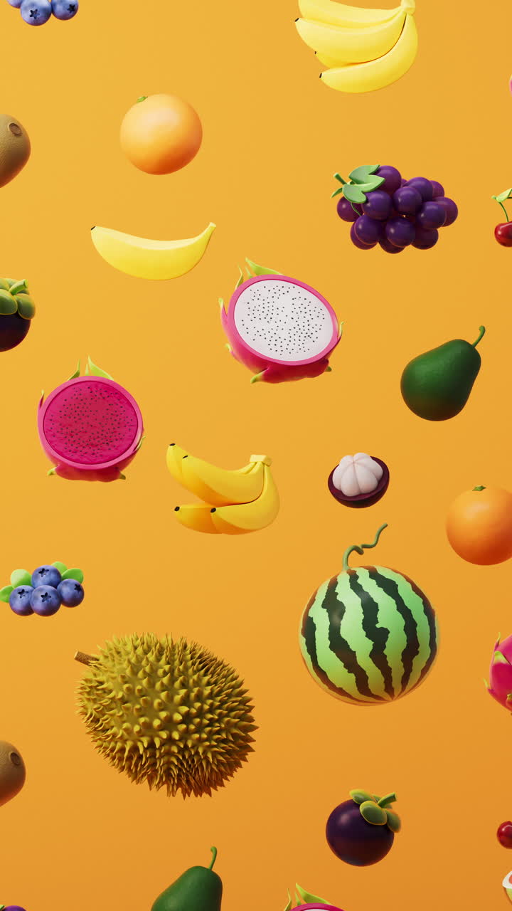 A variety of colorful fruits, rich in vitamins and nutrients, 3d rendering.