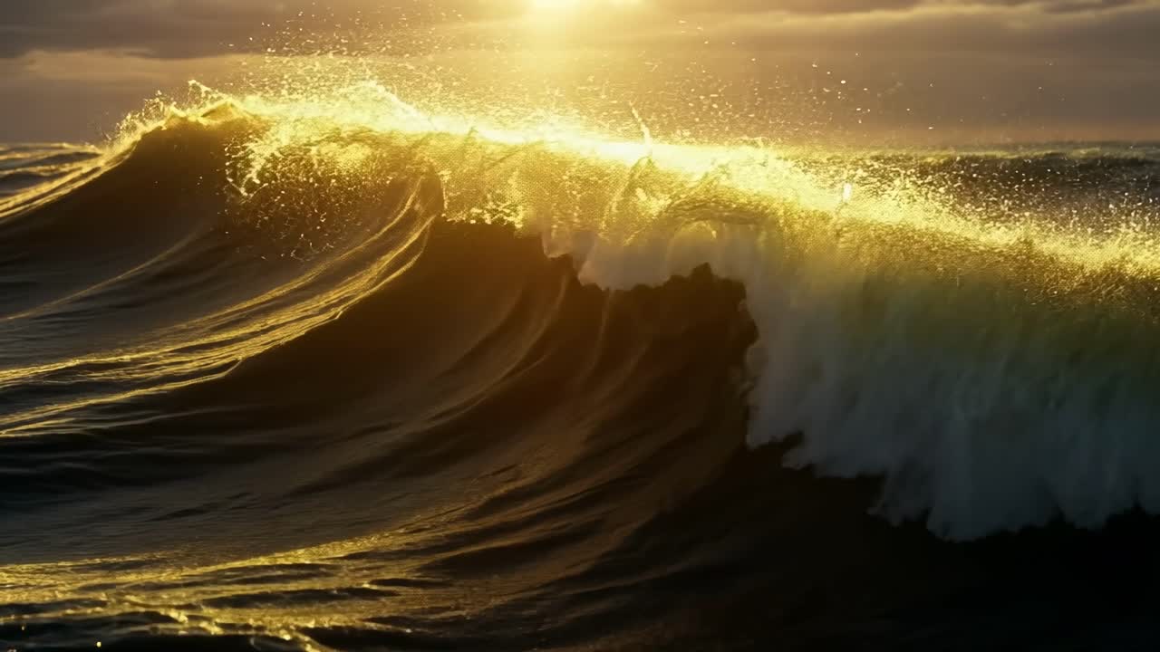 As the sun sets, golden waves glisten and capture the fading light, creating a breathtaking view over the ocean horizon in this serene coastal landscape