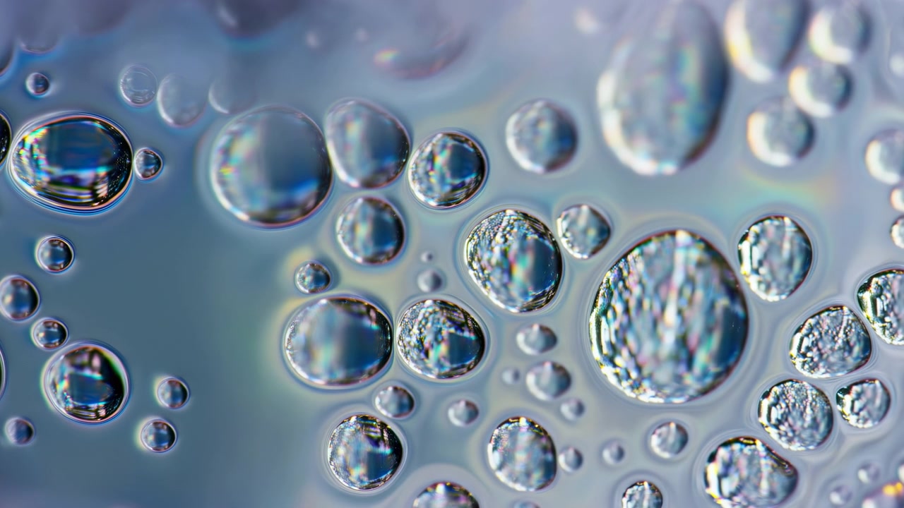 Vista macro de cima para baixo de gotas de líquido transparente espalhadas de vários tamanhos repousando sobre uma superfície lisa e translúcida. Iluminação de fundo suave e difusa cria sutis