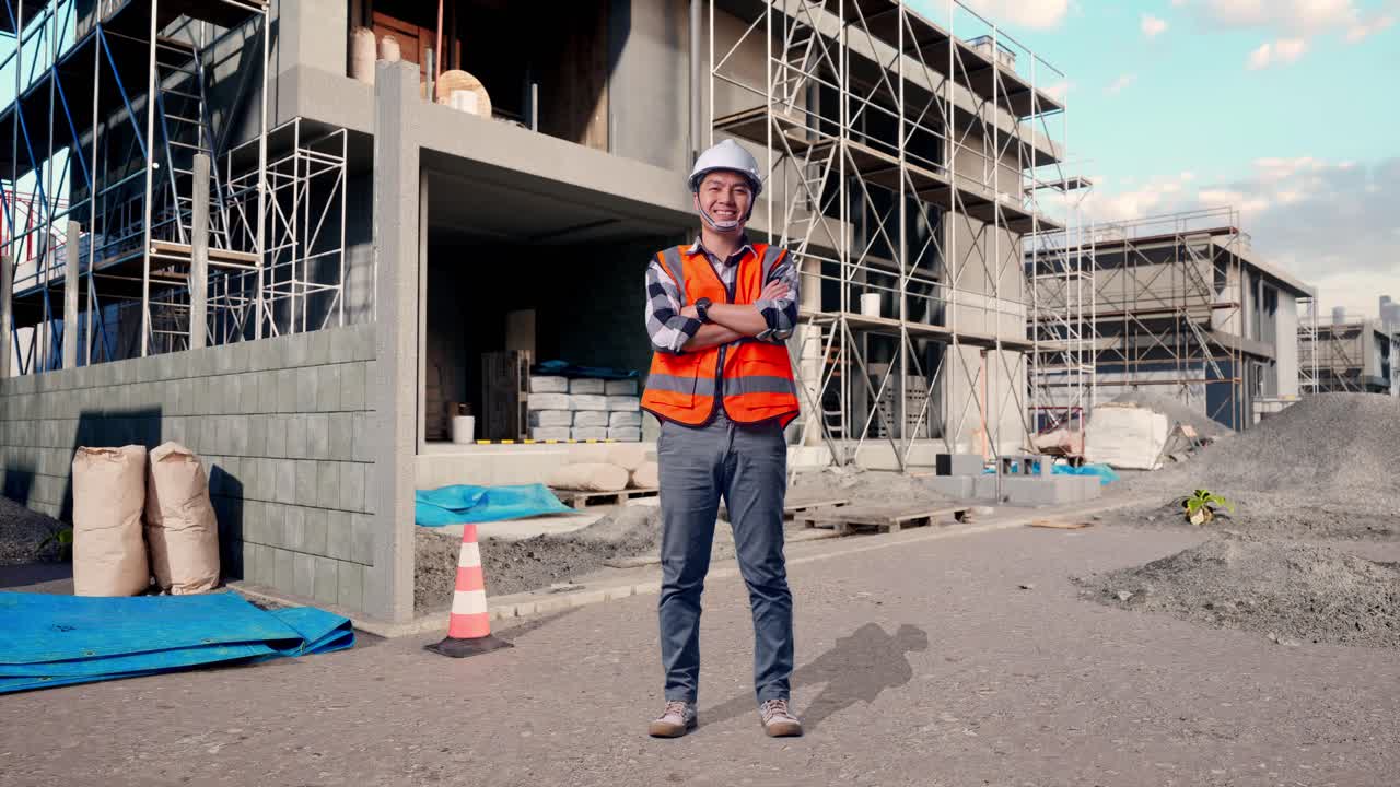 Full Body Of Asian Male Engineer With Safety Helmet Crossing His Arms And Smiling To Camera While Standing At Building & Construction Site in Progress to New House