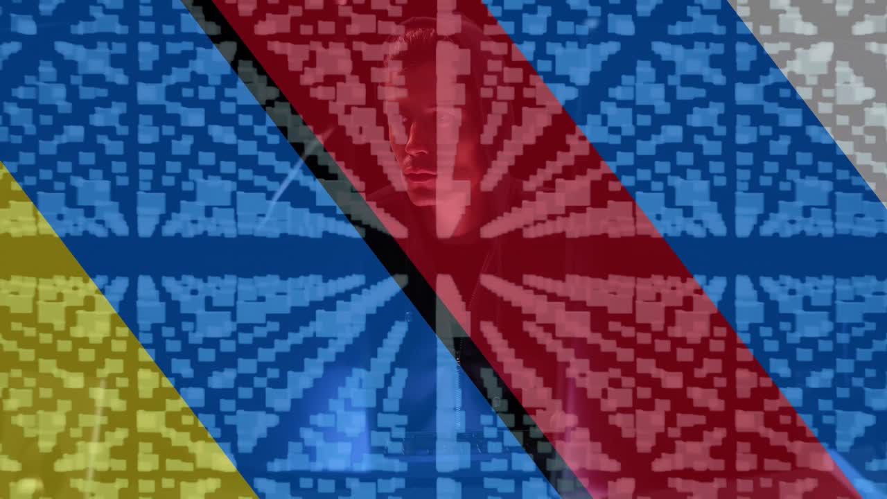 animación de un hacker caucásico, carpetas y candado digital sobre la bandera de ucrania y rusia