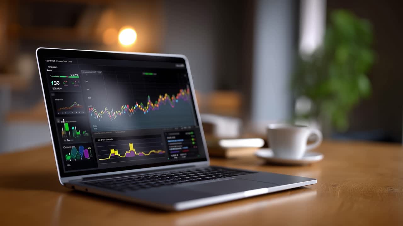 Analisi delle tendenze di mercato: uno sguardo approfondito alla visualizzazione dei dati su uno schermo di laptop con grafici e diagrammi che evidenziano le prestazioni finanziarie.