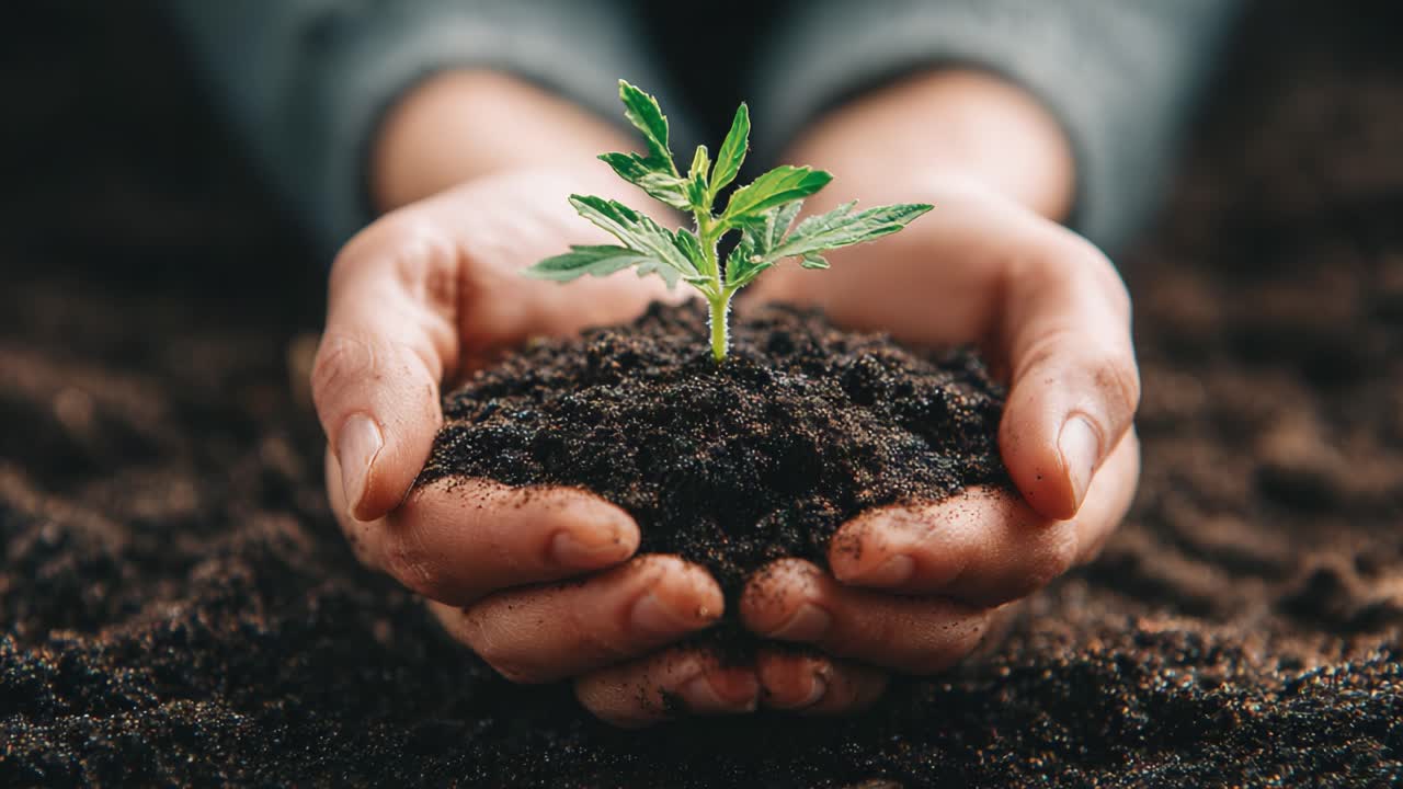 Nurturing Nature: A Close-Up of Hands Gently Supporting a Green Seedling Surrounded by Rich Soil, Symbolizing Growth, Sustainability, and the Beauty of Life
