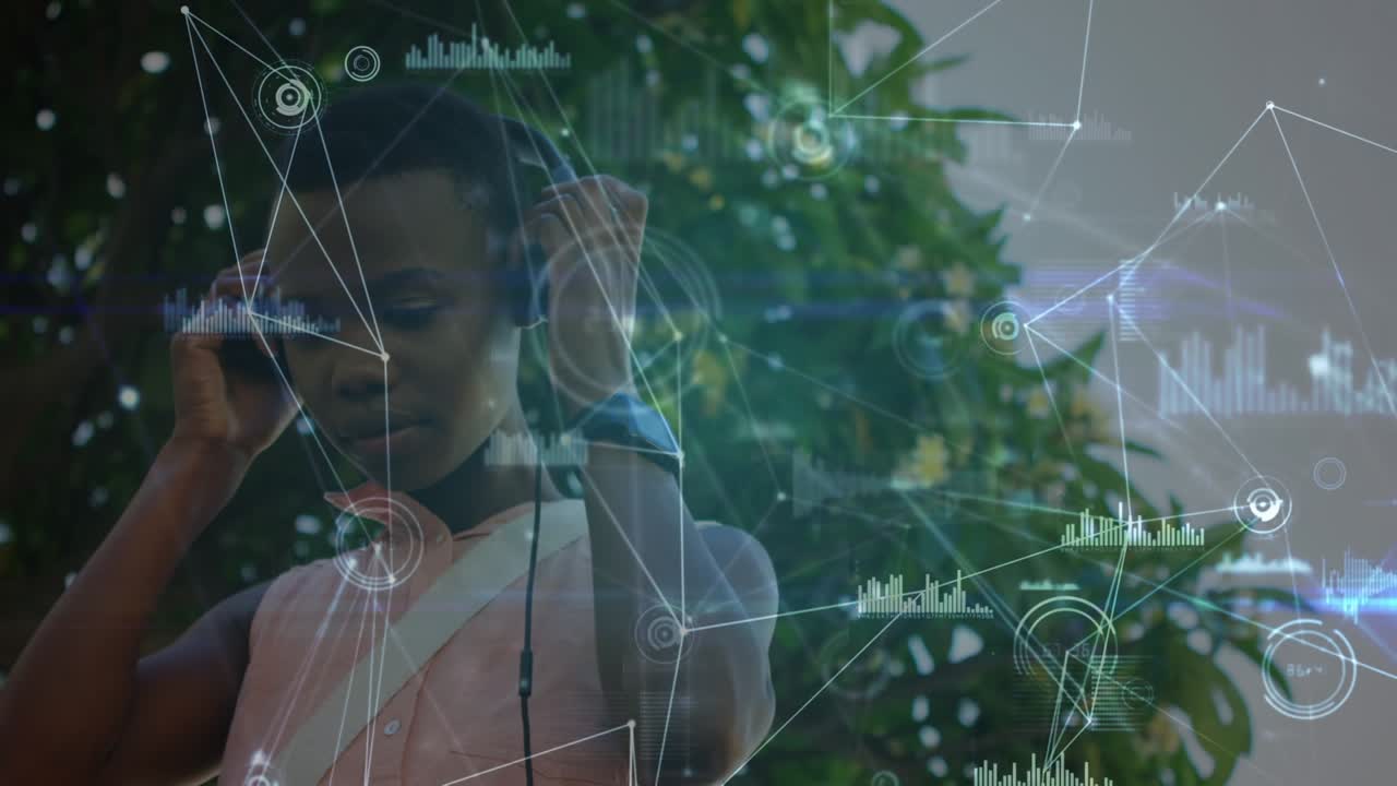 Network of connections over african american woman using smartwatch and wearing headphones