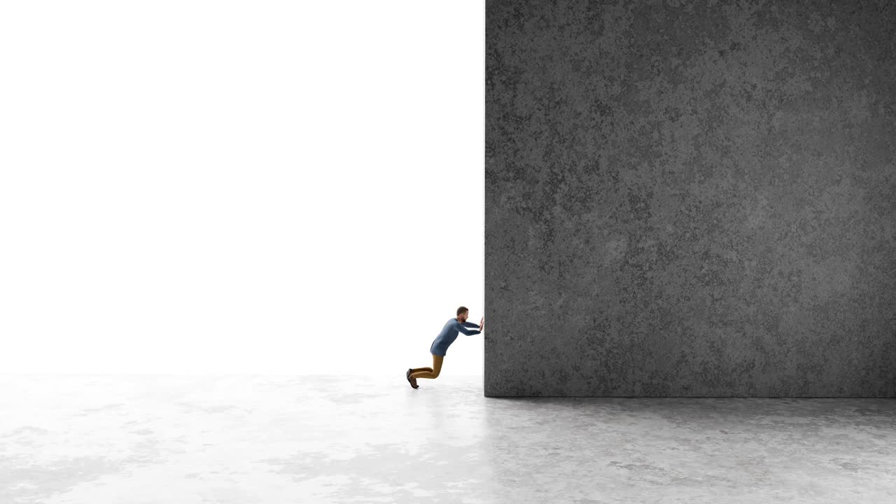 Man Pushing a Large Concrete Wall with Great Effort