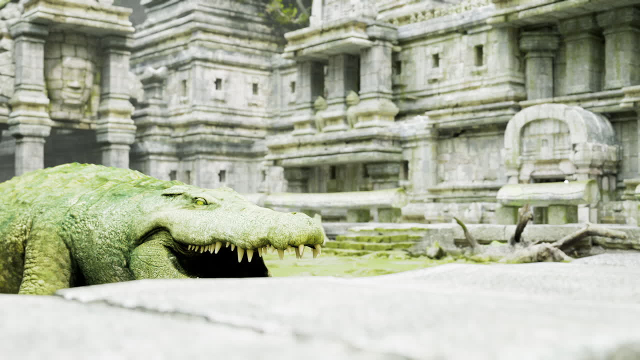 Crocodile resting near ancient ruins in a lush tropical setting