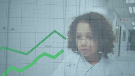animación de gráfico financiero verde sobre niño con cabello rizado en el fondo