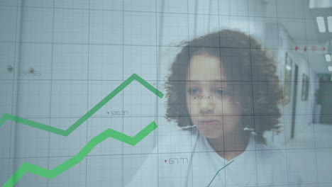 green financial graph animation over child with curly hair in background