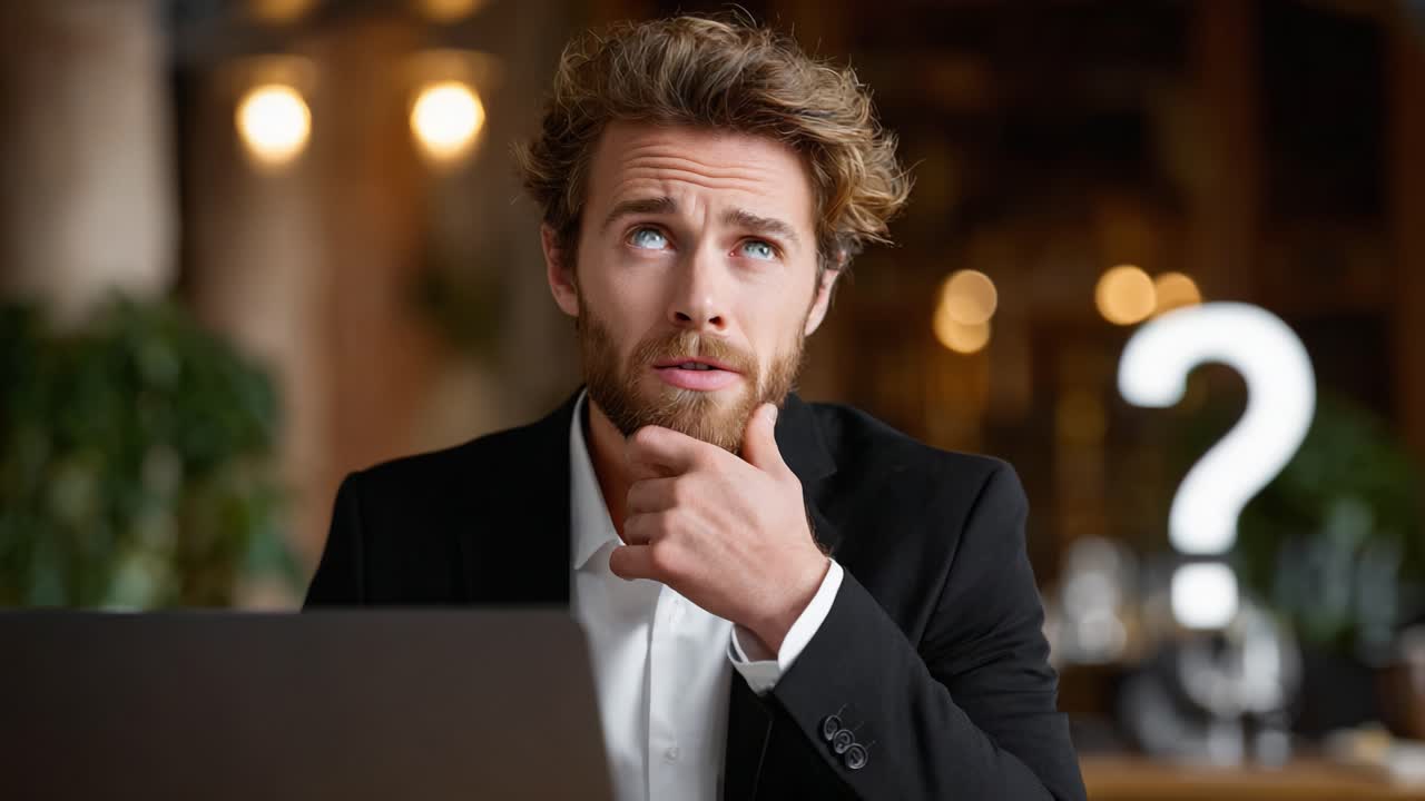 A Pensive Individual Contemplates Life's Questions with a Look of Confusion in a Professional Setting, Reflecting on Challenges Faced in Modern Times