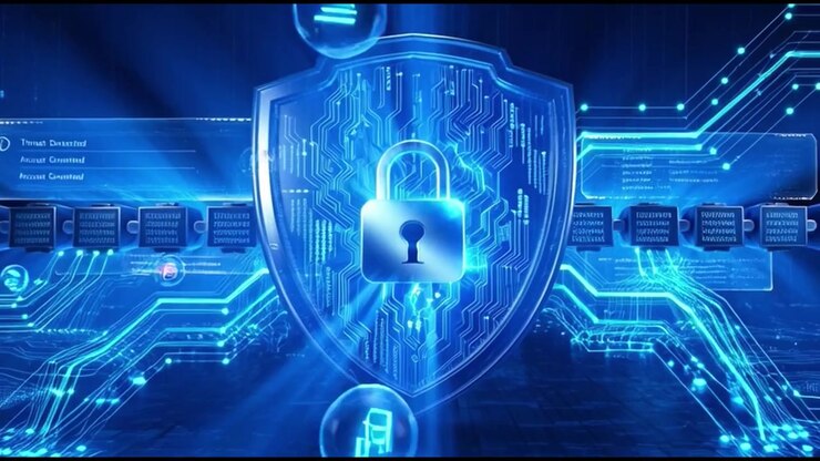 Digital Cybersecurity Shield with Glowing Circuitry and Data Streams