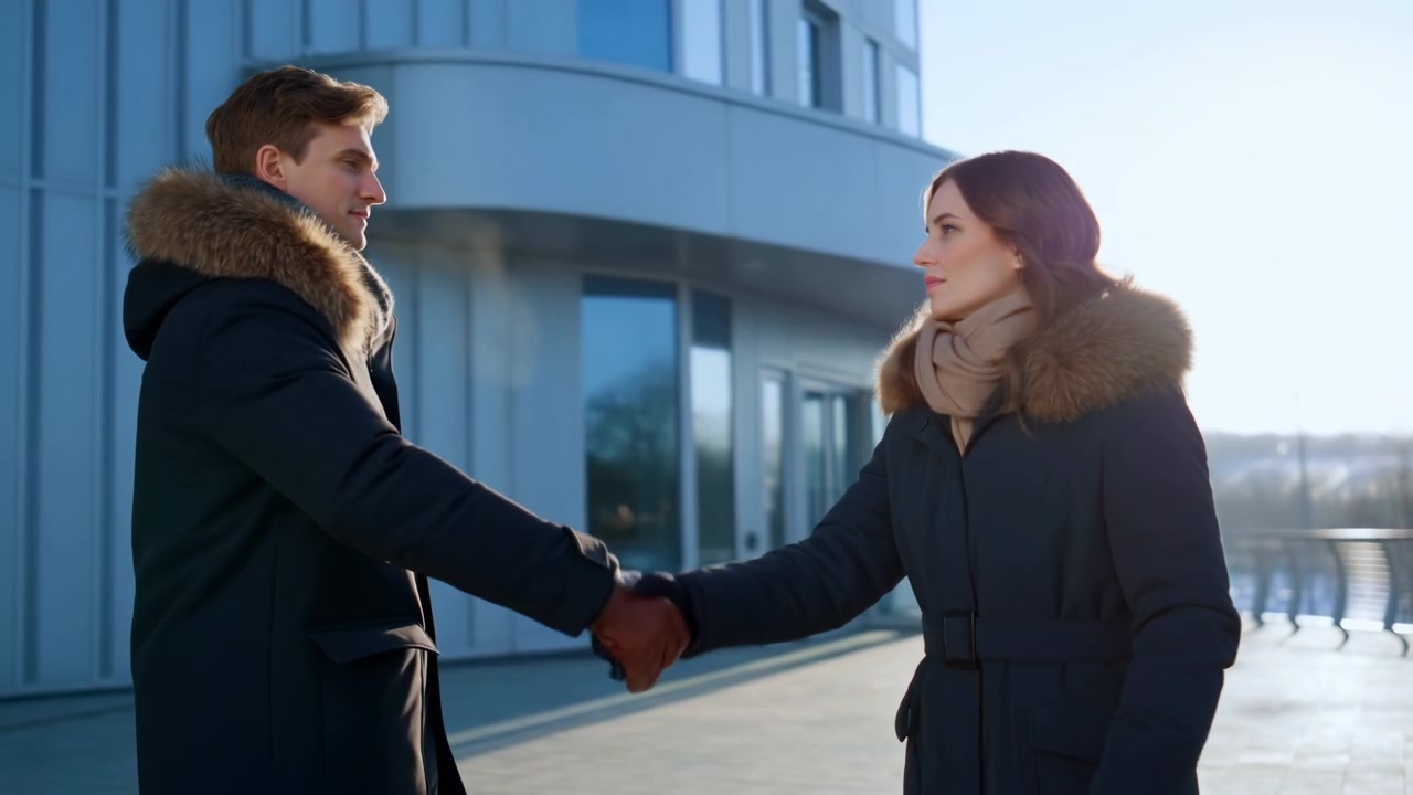 Giovane uomo e donna si scambiano una stretta di mano all'esterno di un moderno edificio in vetro curvo in una luminosa e fredda giornata invernale con luce di contorno, vapore del respiro visibile, riflesso urbano e atmosfera di incontro d'affari formale