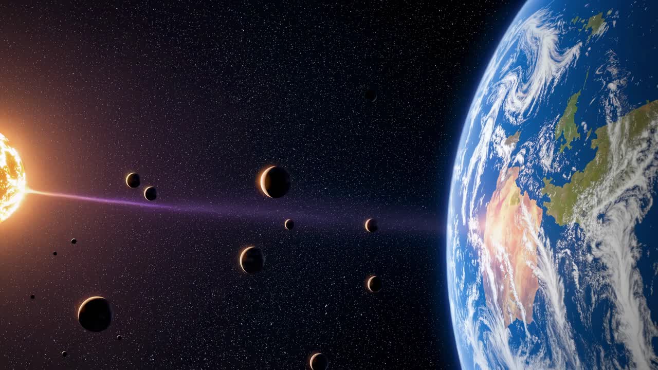 A cinematic space video scene with a side view of Earth and planets aligned towards a distant sun