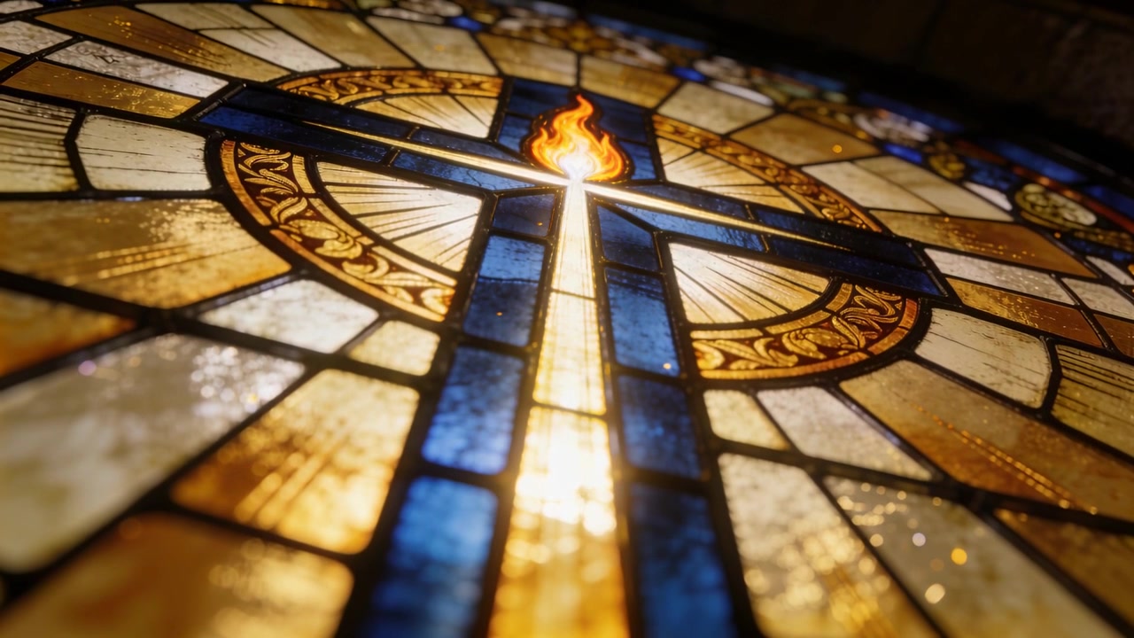 Câmera em movimento panorâmico ascendente em direção a uma janela de vitral em forma de cruz em uma igreja, revelando um motivo de chama