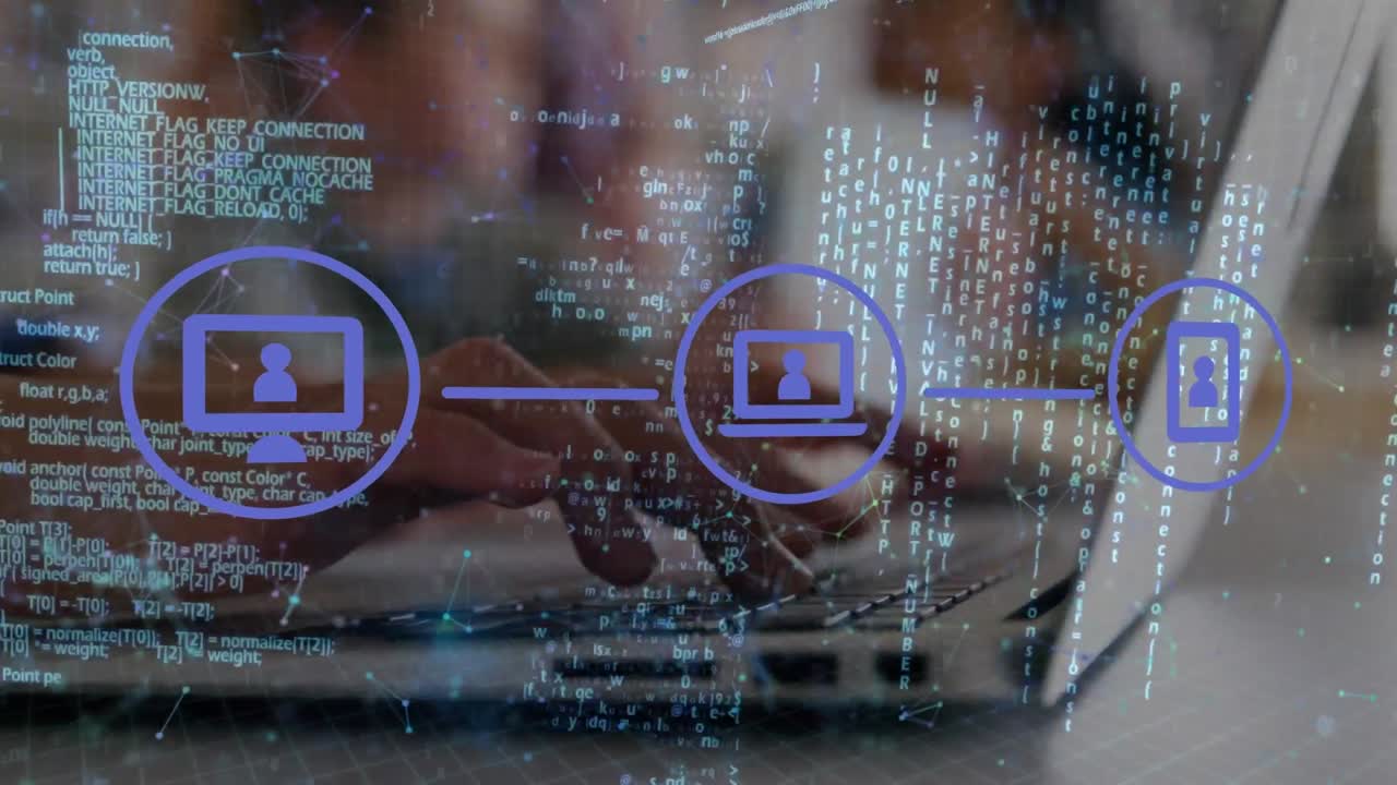 animación de texto e iconos en código binario