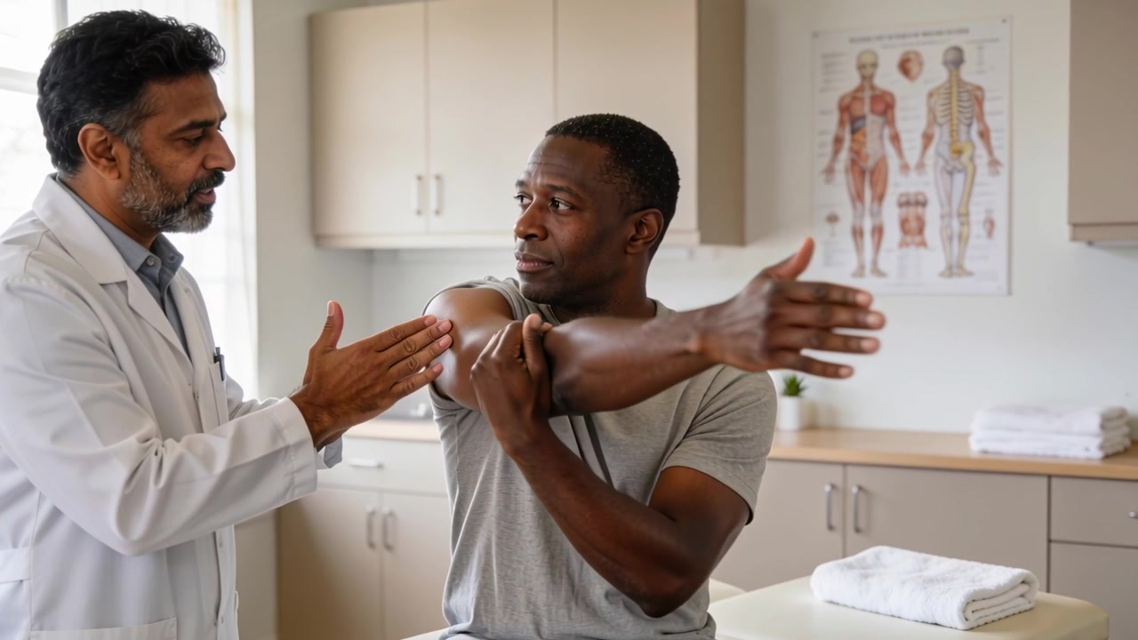 Doctor cueing patient performing right shoulder stretch on exam table for ROM test, with white coat