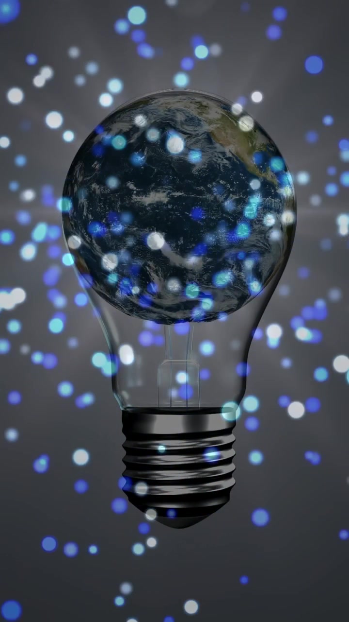 Vertikal video: Blå bokeh vises, startende pære afslører roterende Jord, viser global idé