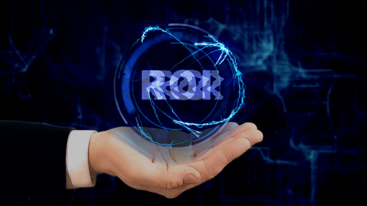 Painted hand shows concept hologram ROI on his hand