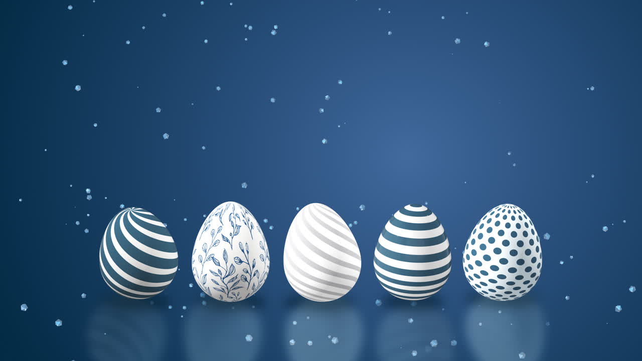 Patterned Easter eggs on a blue background with empty space for text. Falling shiny particles on the surface. Looped 3D animation.