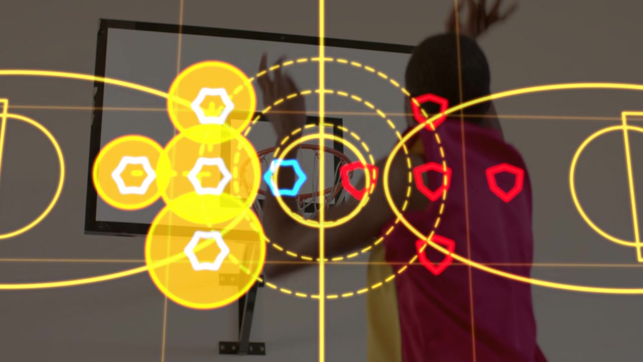 Man reacting to basketball HUD rings appearing lifting ball and aligning shot for shot feedback