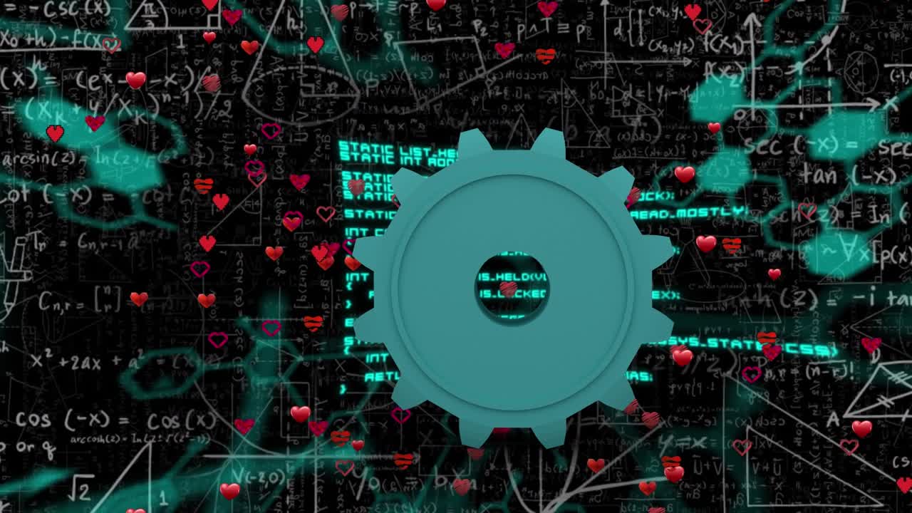 Animation of hearts floating over gear and math formulas