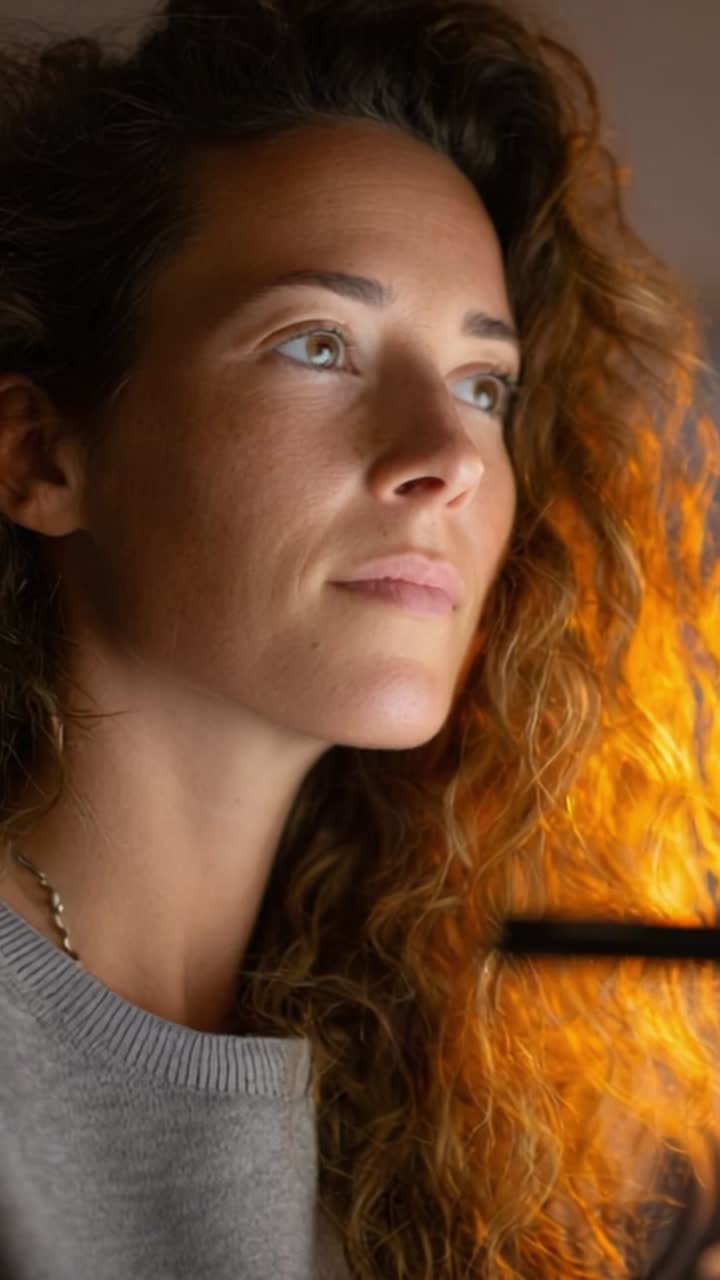 Contemplative Moment: A Woman with Curly Hair Gazing Intently with Soft Lighting in the Background, Capturing a Thoughtful Expression and Natural Beauty