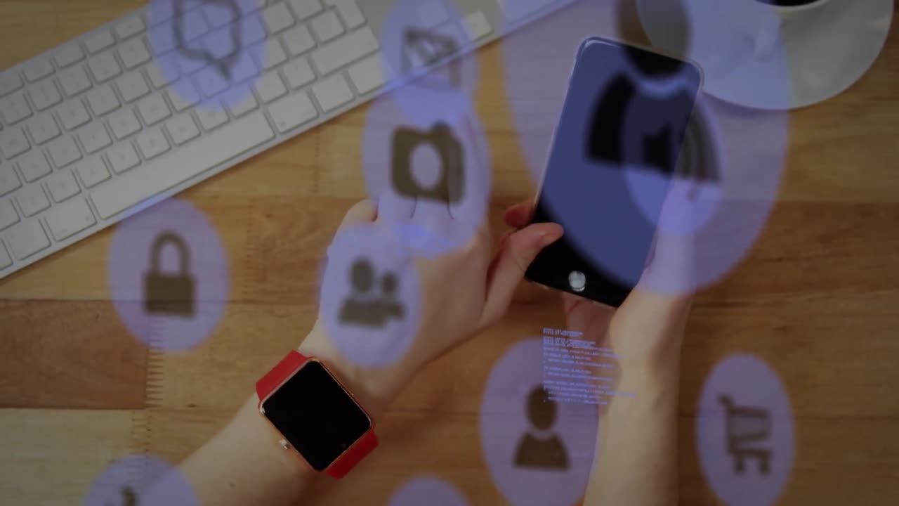 animación de iconos digitales en línea sobre mujer caucásica con teléfono inteligente y teclado
