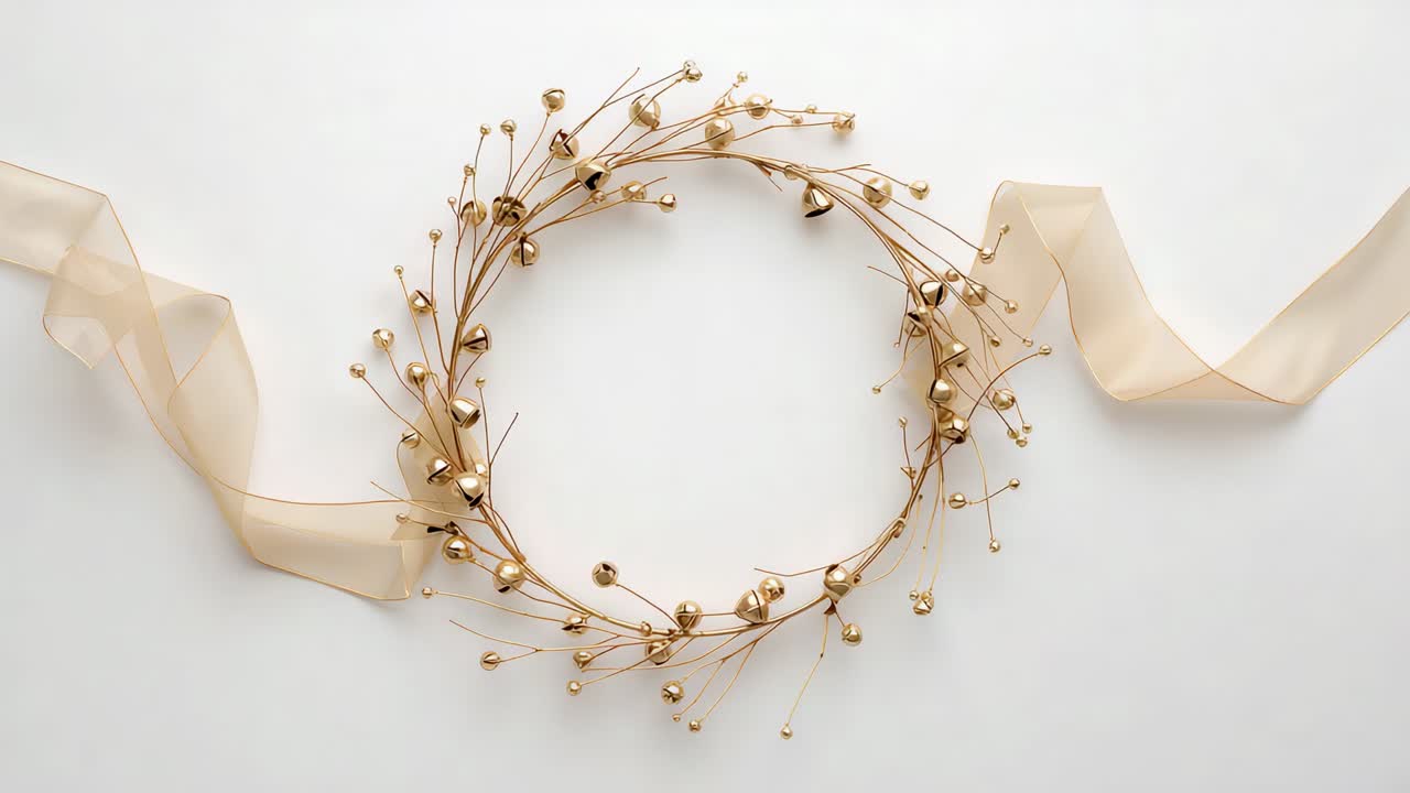 Shifting wire wreath after slight camera move on plain white surface, ribbon beads adjusting