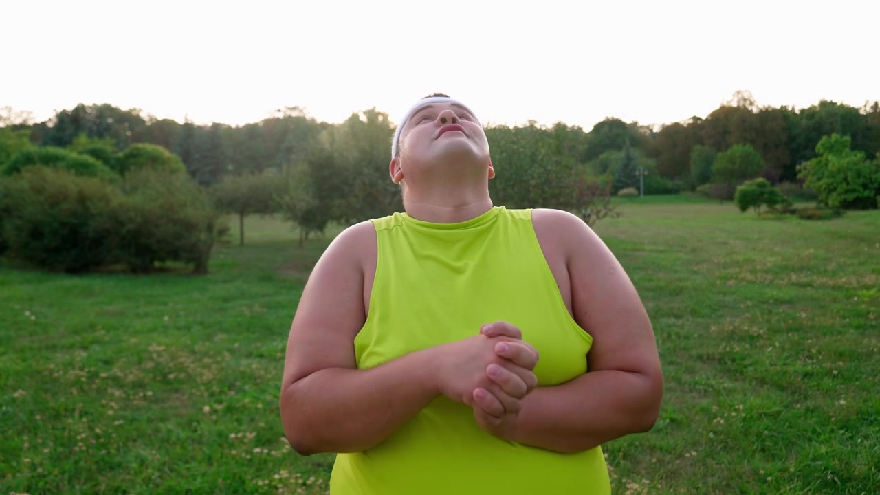 Homem com sobrepeso alongando o pescoço em um parque verde