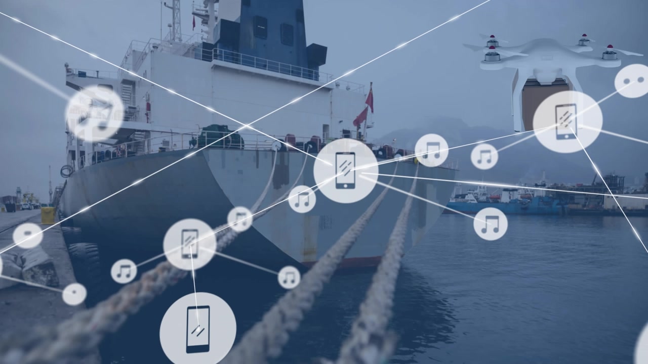 Animation of icons connected with lines and drone flying over cargo ship moored with chains at port