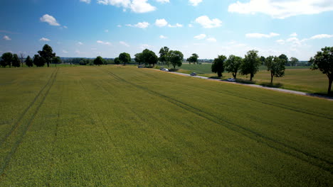 Autos-Rasen-Auf-Der-Landstraße-Neben-üppigem-Ackerland,-Blauem-Himmel-Und-Luftwagen-Vorbei