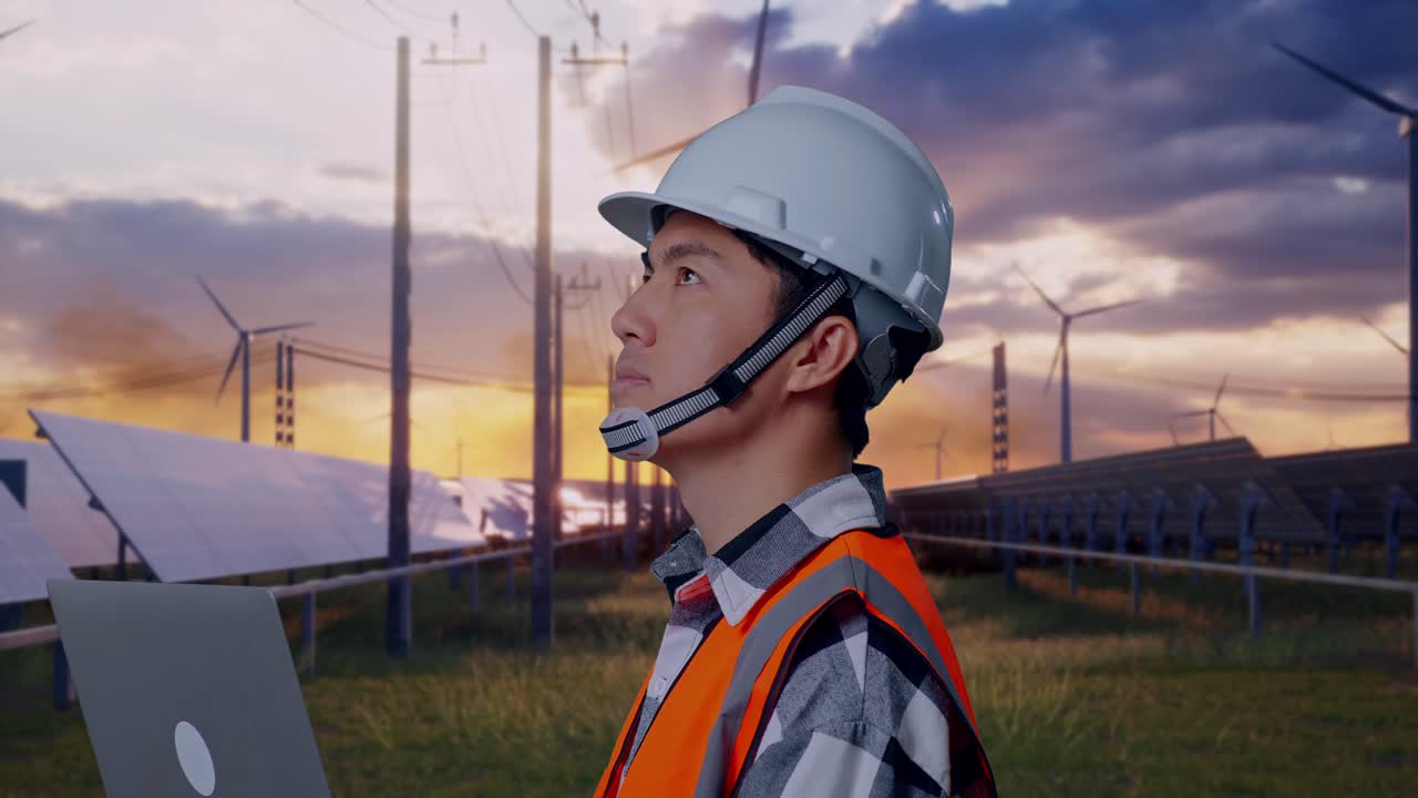 Close Up Side View Of Asian Male Engineer With Safety Helmet Working On A Laptop And Looking Around While Standing With Solar Panel and Wind Turbines
