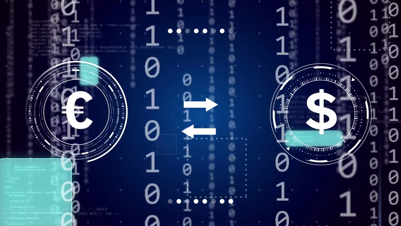 On start animated fx-ui showing EUR, USD rings, sliding data blocks, arrows toggling for transfers