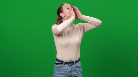 lost young woman holding hands on mouth shouting. portrait of caucasian lady lost in forest on green screen. asking for help at chromakey background