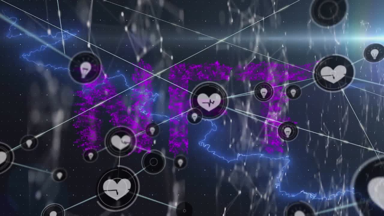 검은색 배경에 nft 텍스트와 번개가 있는 아이콘으로 연결된 네트워크의 애니메이션