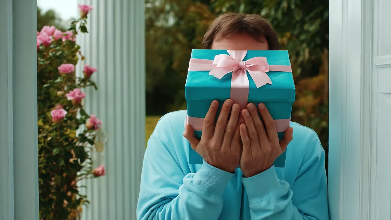 A Surprising Moment: A Man Hiding Behind a Gift Box with a Pink Ribbon, Captured at the Doorway Surrounded by Roses and the Serenity of Nature in Full Bloom