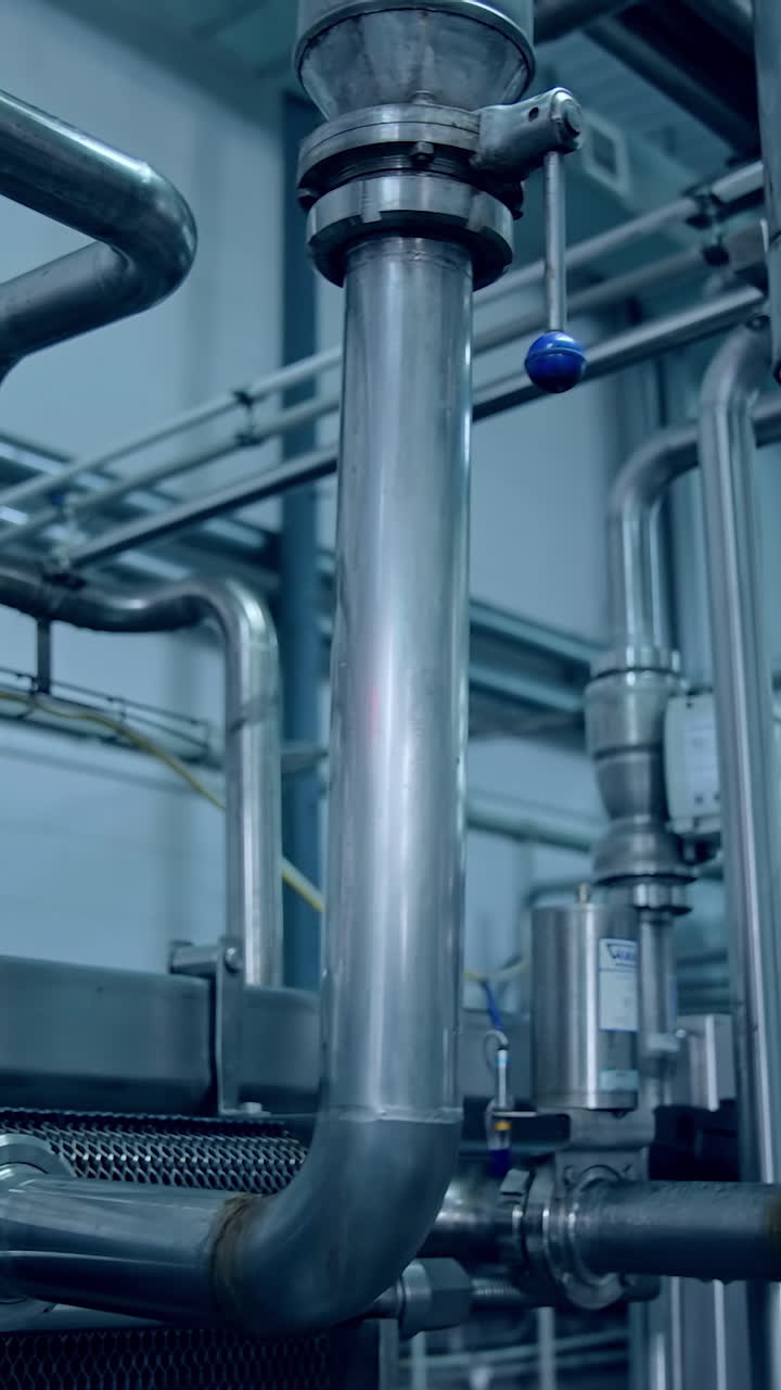 Steel industry factory for making cheese. Milk producing stainless factory technology. Vertical video