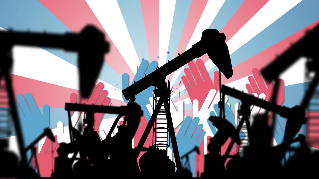 Loop starting central pumpjack rocking, layered hands rising over sunburst, showing industry rhythm