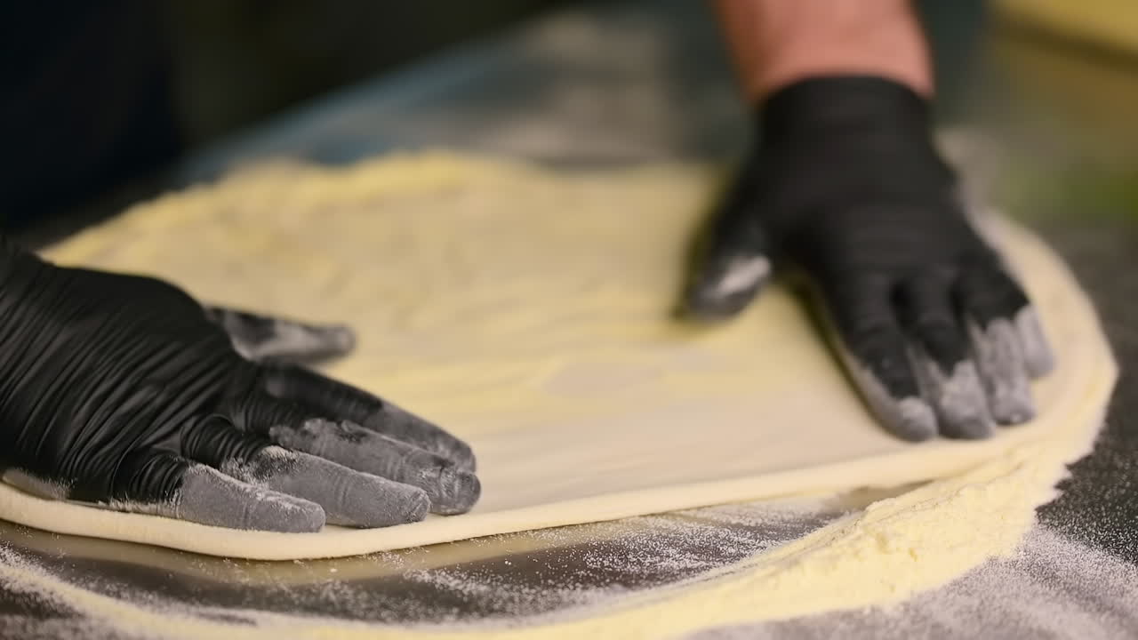 Preparazione dell'impasto della pizza. Chef con guanti protettivi che preparano la pizza nella cucina del ristorante.