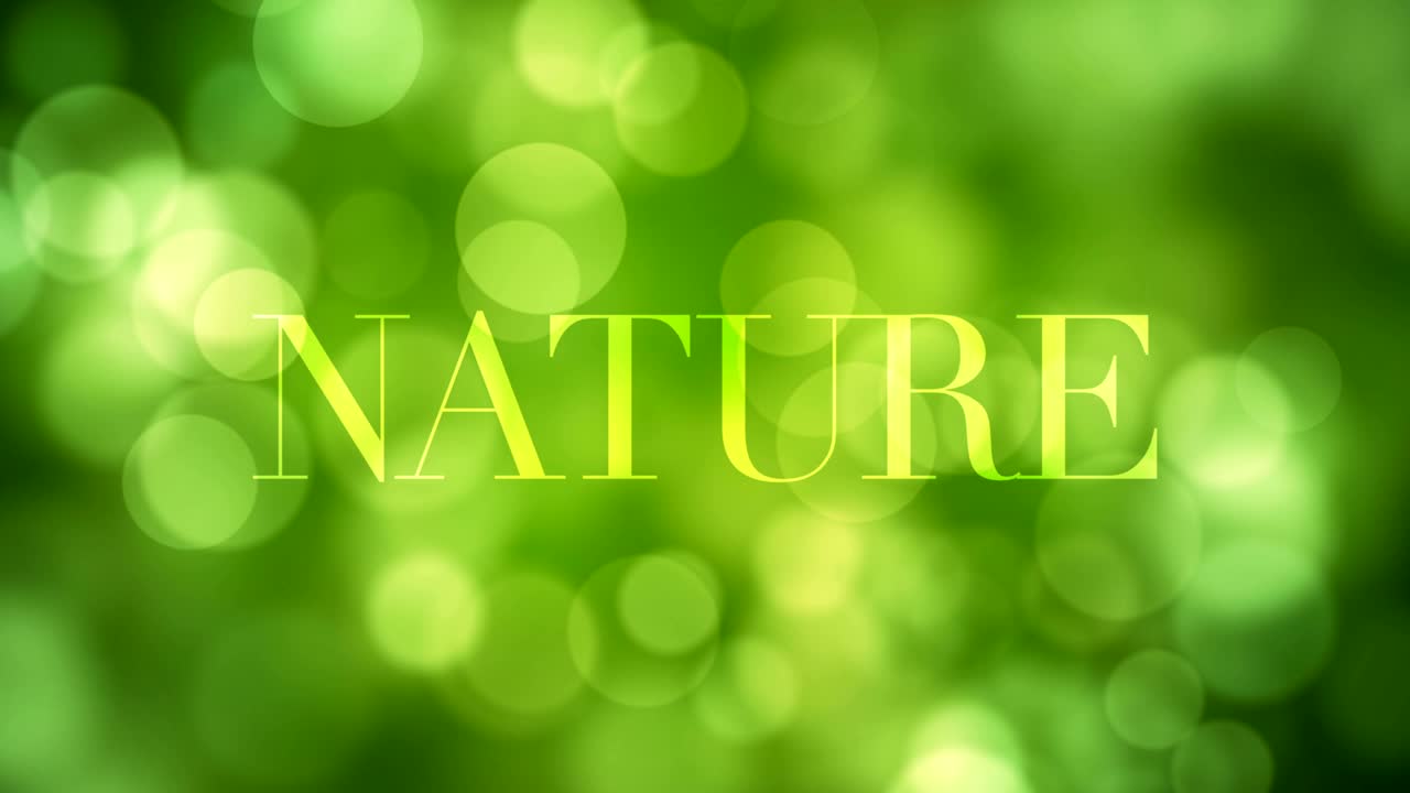 apareciendo texto de 'naturaleza' y disolviéndose después de un tiempo con luces brillantes verdes en movimiento, reflejos de luz desenfocados en un fondo de bokeh verde en bucle. vida, primavera, bosque, video de concepto de deseos