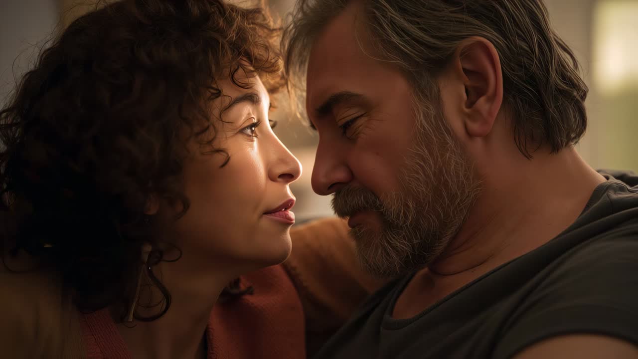 Glødende lampe lyser opp par som utveksler blikk i sofaen, kvinne i rustfarget topp søker nærhet